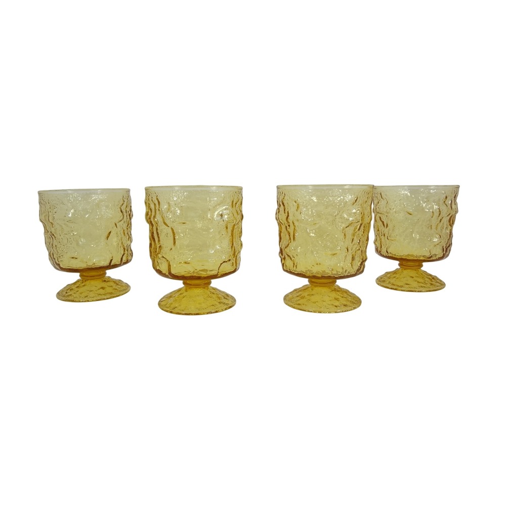 Anchor Hocking Footed Goblets Set of 4 Honey Gold Milano Crinkle Glass Vintage